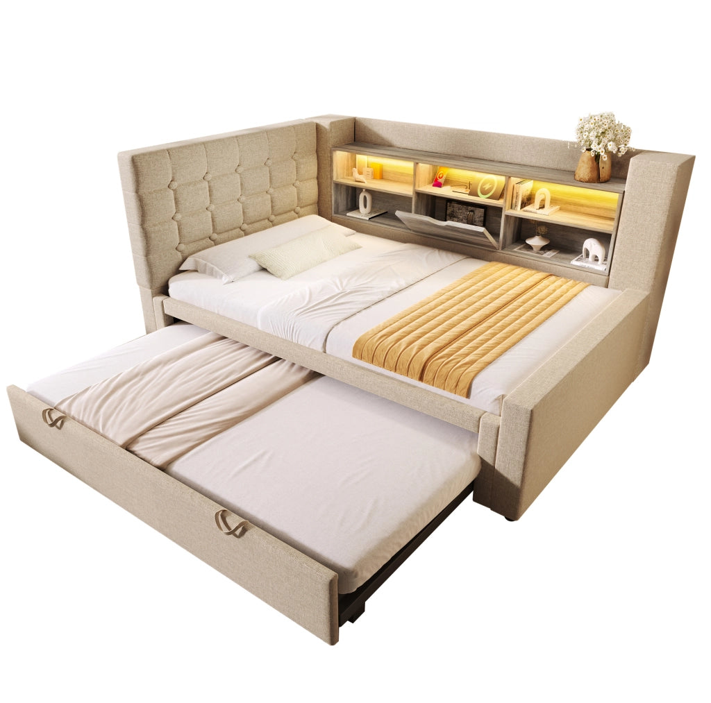 Letto imbottito 90x200 cm con letto estraibile; LED e porte USB; beige