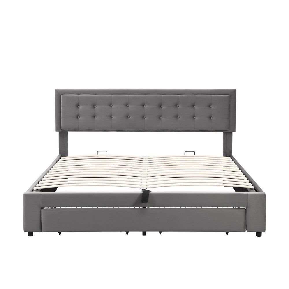 Letto Contenitore Matrimoniale Imbottito in Velluto ¨C MINIMAL ¨C Grigio 180x200 con Doghe e Cassetti