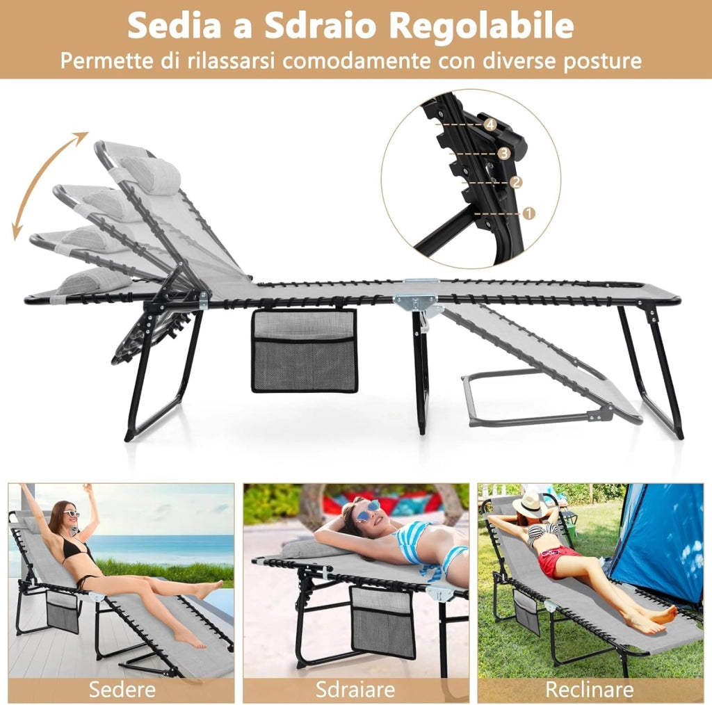 Sedia a Sdraio Pieghevole, Lettino da Giardino con Schienale a 4 Livelli, Tasca Laterale e Poggiatesta Staccabile, Ideale per Giardino, Piscina, Campeggio, Portata 150 kg (Grigio)