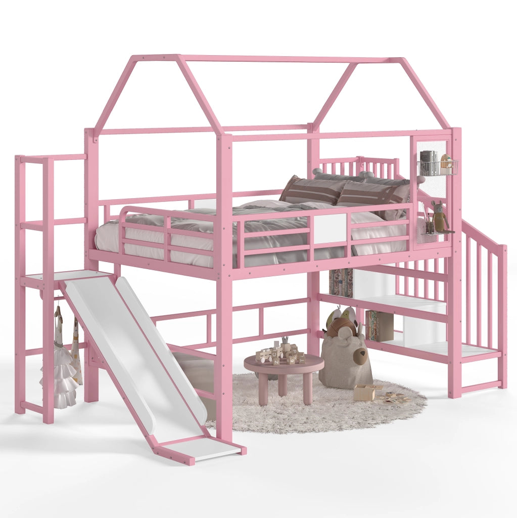 Letto a soppalco ULEVR 140x200 cm a casetta con scivolo, scala con ripiani, LED Bluetooth e barra appendiabiti, rosa