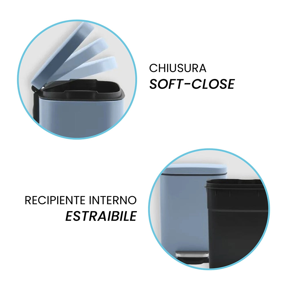 Pattumiera a pedale in acciaio 5lt azzurro polvere con chiusura rallentata Axin