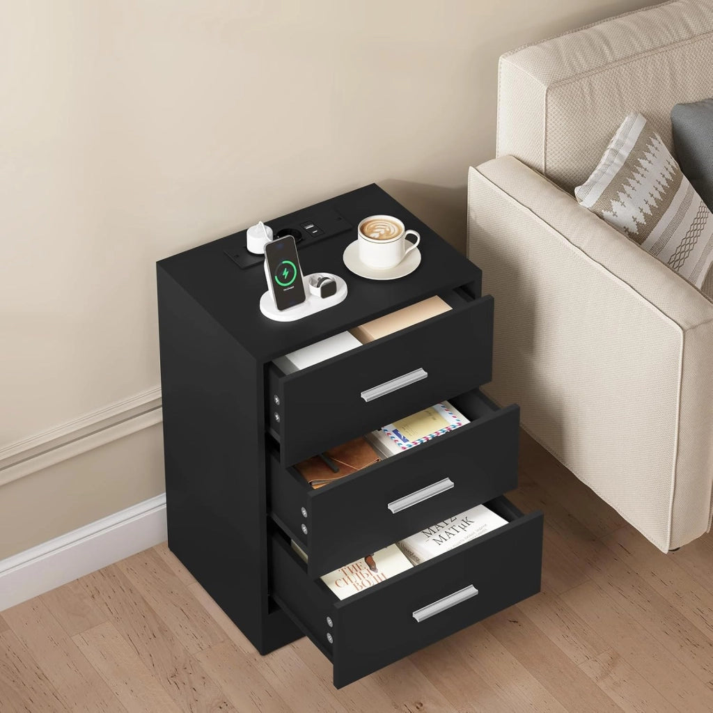 Set di 2 Comodini, Comodini con Stazione di Ricarica, con 3 Cassetti, Neri, per Soggiorno Camera da Letto Studio, 39x28.5x54.5cm