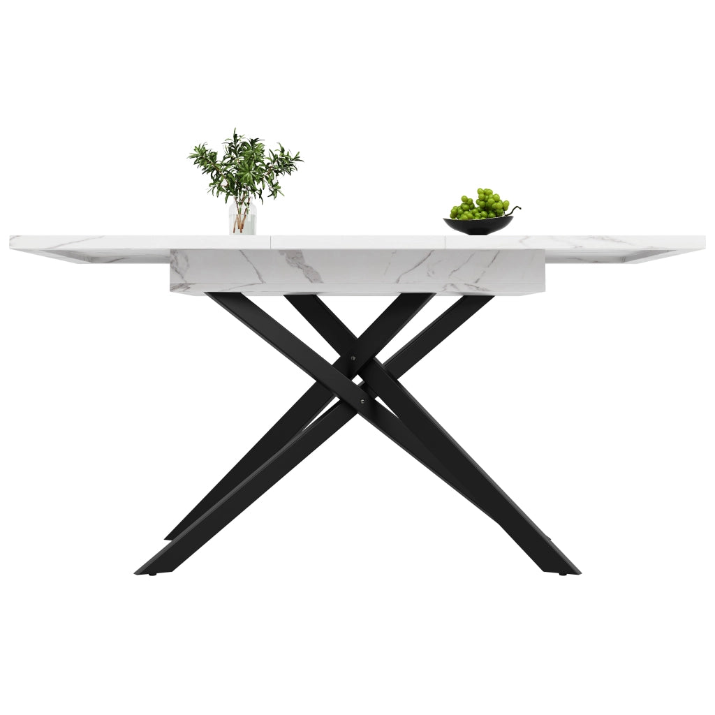 Tavolo da Pranzo Allungabile Effetto Marmo ¨C Xylo ¨C Piano Bianco, Gambe Metallo Nero, 120-160 cm