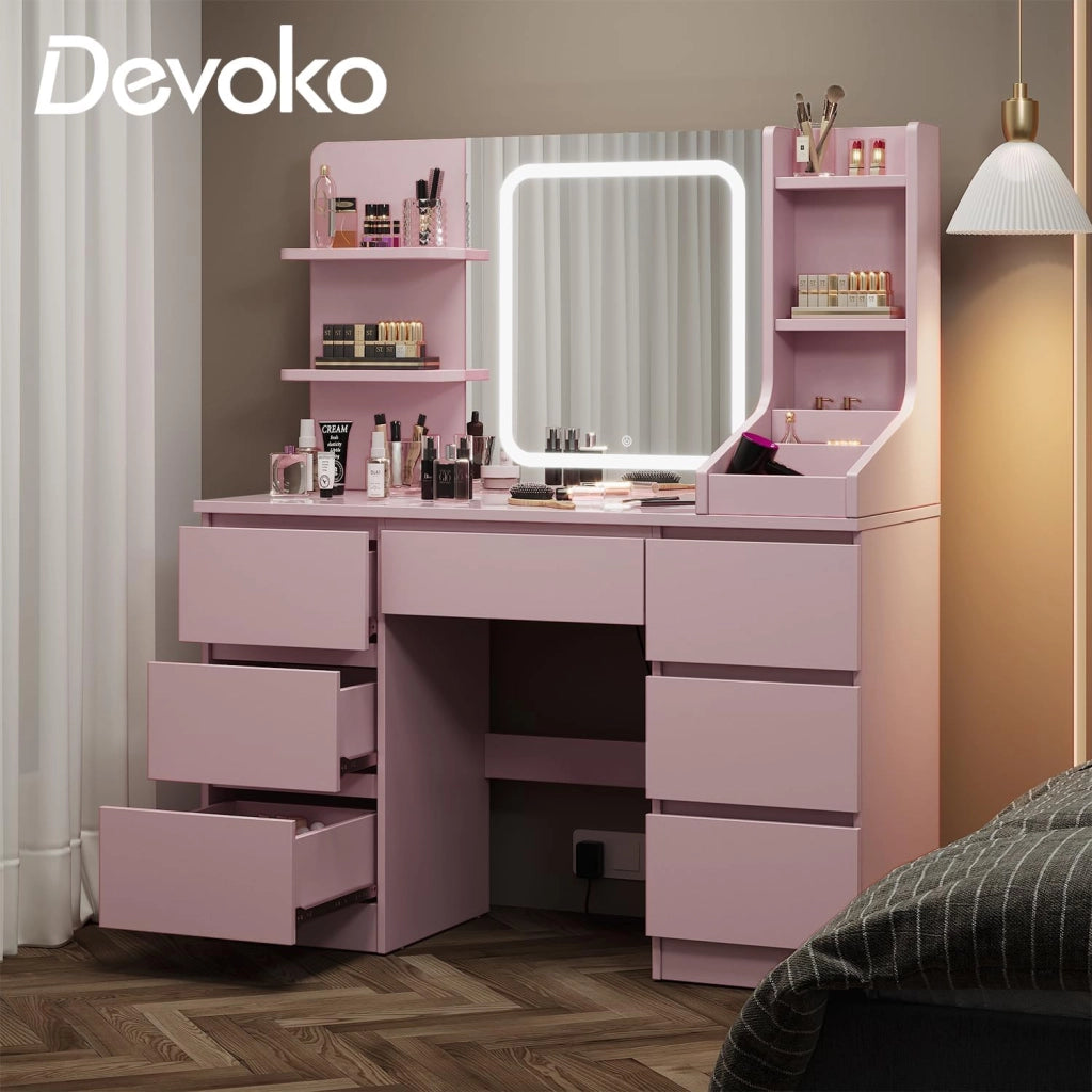 Toeletta da Trucco con 7 Cassetti, Postazione Trucco con Specchio a LED, Luminosità Regolabile,Tavolo da Toeletta con 4 Ripiani Aperti,per la Camera da Letto (Rosa)