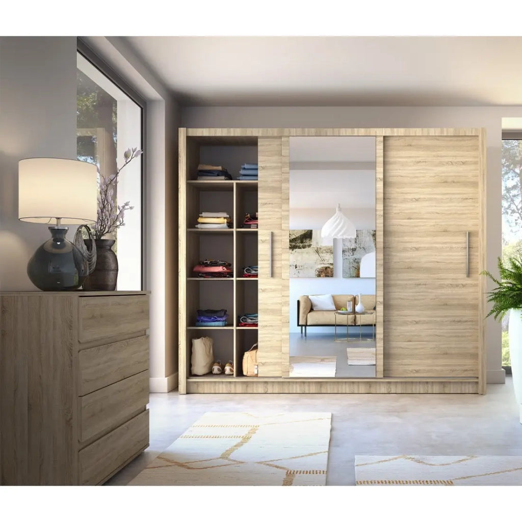Armadio OZZULA 3 porte scorrevoli con specchio quercia Sonoma 248 cm