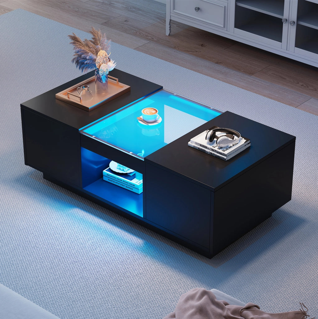 Tavolino da caffè nero LED con 2 cassetti, 100x50x35,5 cm