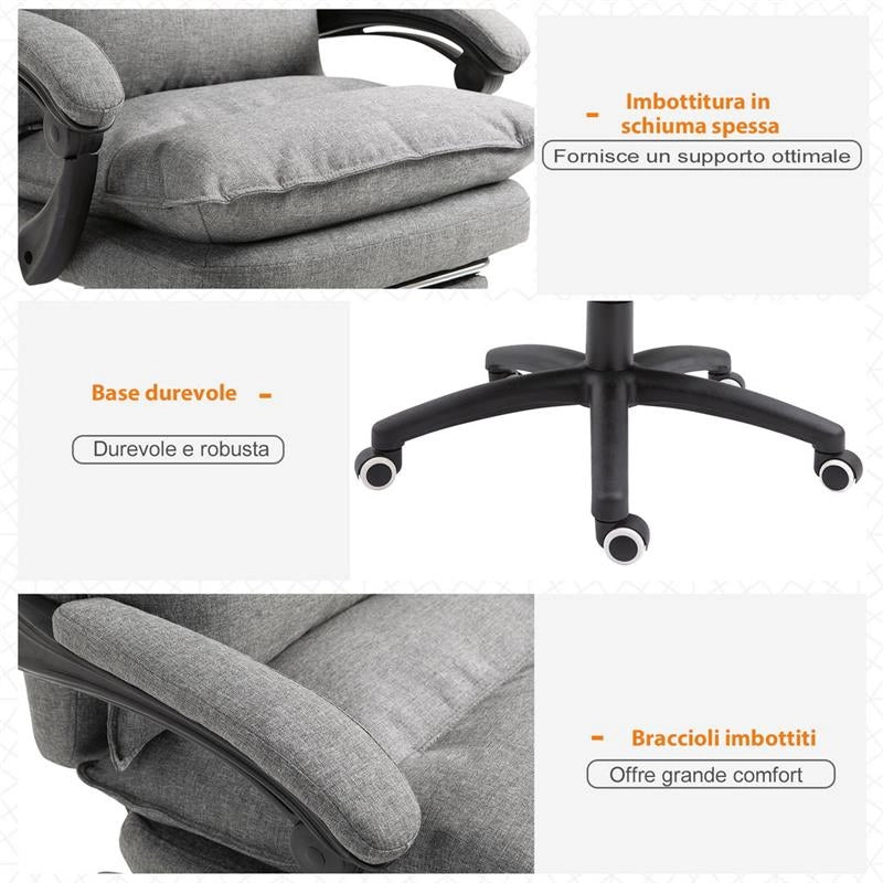 SEDIA DA UFFICIO IMBOTTITA CON 6 PUNTI MASSAGGIANTI 70 X 62X120-130 CM GRIGIO