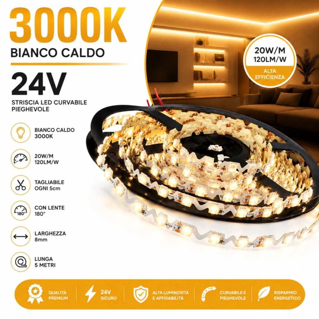 24V Bobina Striscia Led Curvabile Ripiegabile Bianco Caldo Con Lente 180 Gradi 20W/M 8mm 300 smd 6060 Per Cassone Pubblicitario Senza Ombra BL2454C MS12543