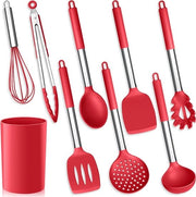 Set di accessori da cucina in silicone a 9 pezzi con maniglia in acciaio inossidabile - resistente al calore e con trattamento antiaderente