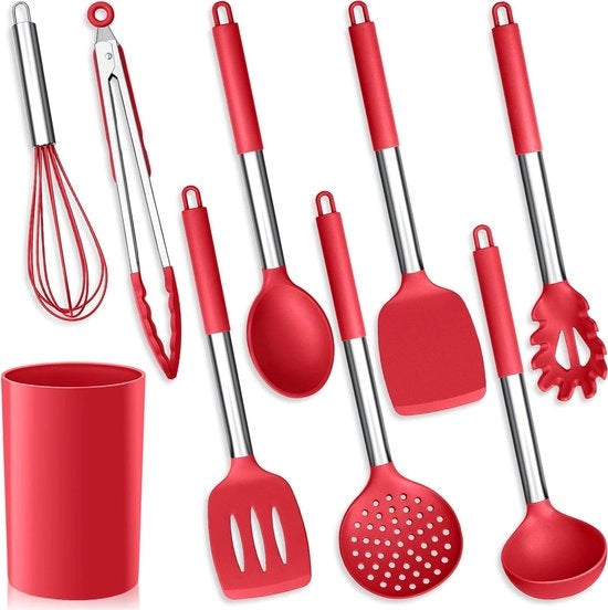 Set di accessori da cucina in silicone a 9 pezzi con maniglia in acciaio inossidabile - resistente al calore e con trattamento antiaderente