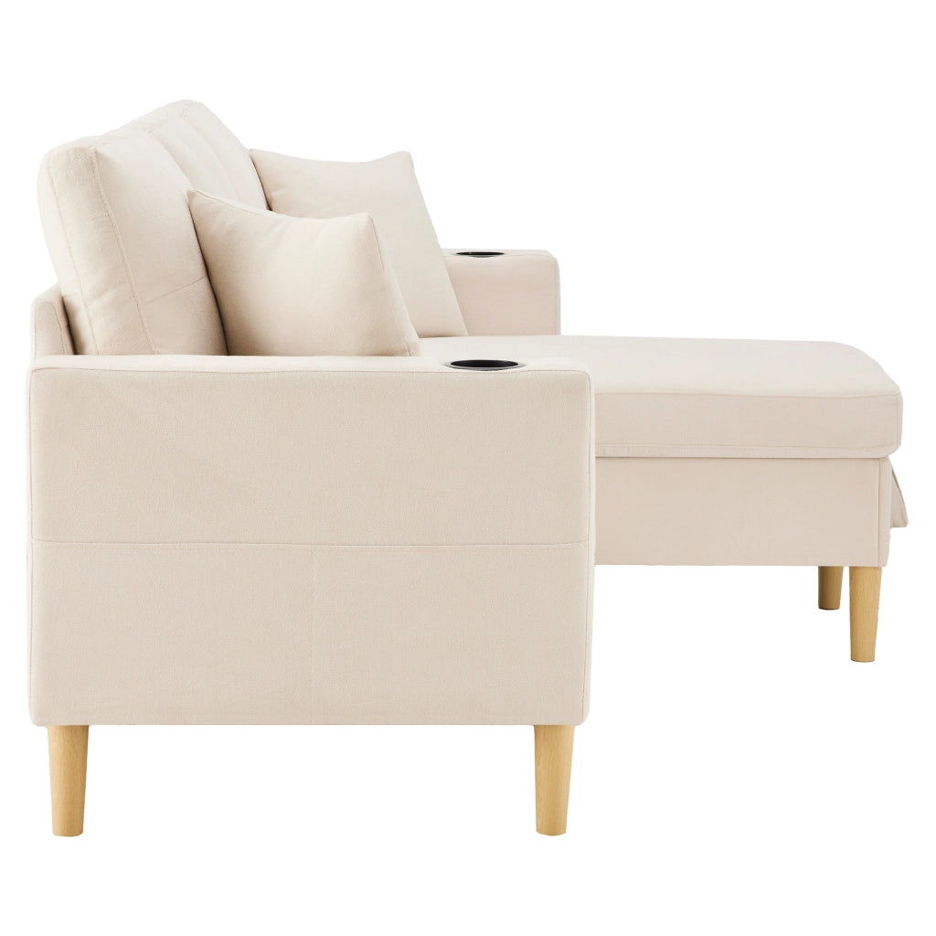 OKWISH Divano ad Angolo Reversibile 3 Posti, con Contenitore, Portabicchieri e 2 Cuscini, Tessuto Cotone Lino, Beige