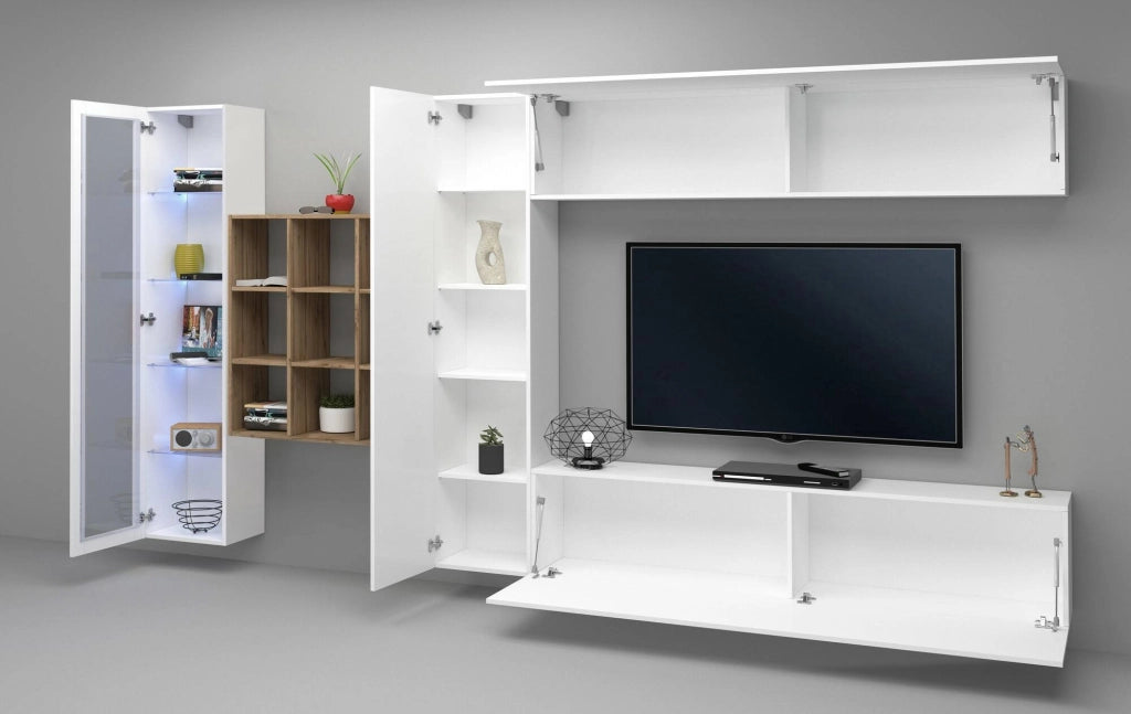 Mobile Soggiorno Avegno, Parete Attrezzata 20 Ripiani Made in Italy, 310x30x180h cm Bianco Lucido