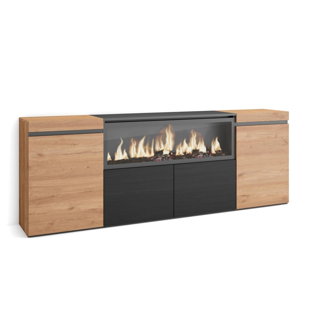 Credenza, Mobile, 208x35x75cm, 4 Porte, Camino elettrico XXL, colore Rovere e nero RF3220