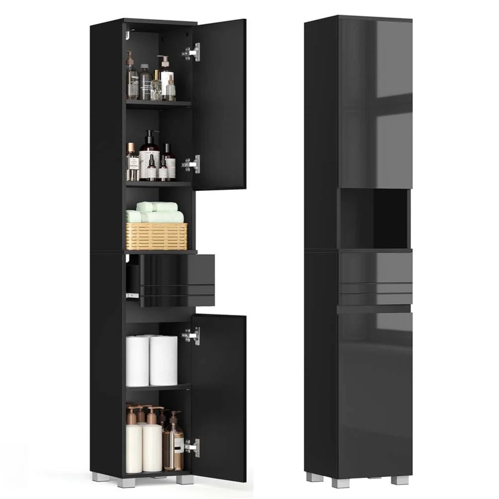 Mobiletto da bagno contenitore a colonna con cassetto ripiani regolabili scomparti 30 x 30 x 170 cm nero 12_0004020