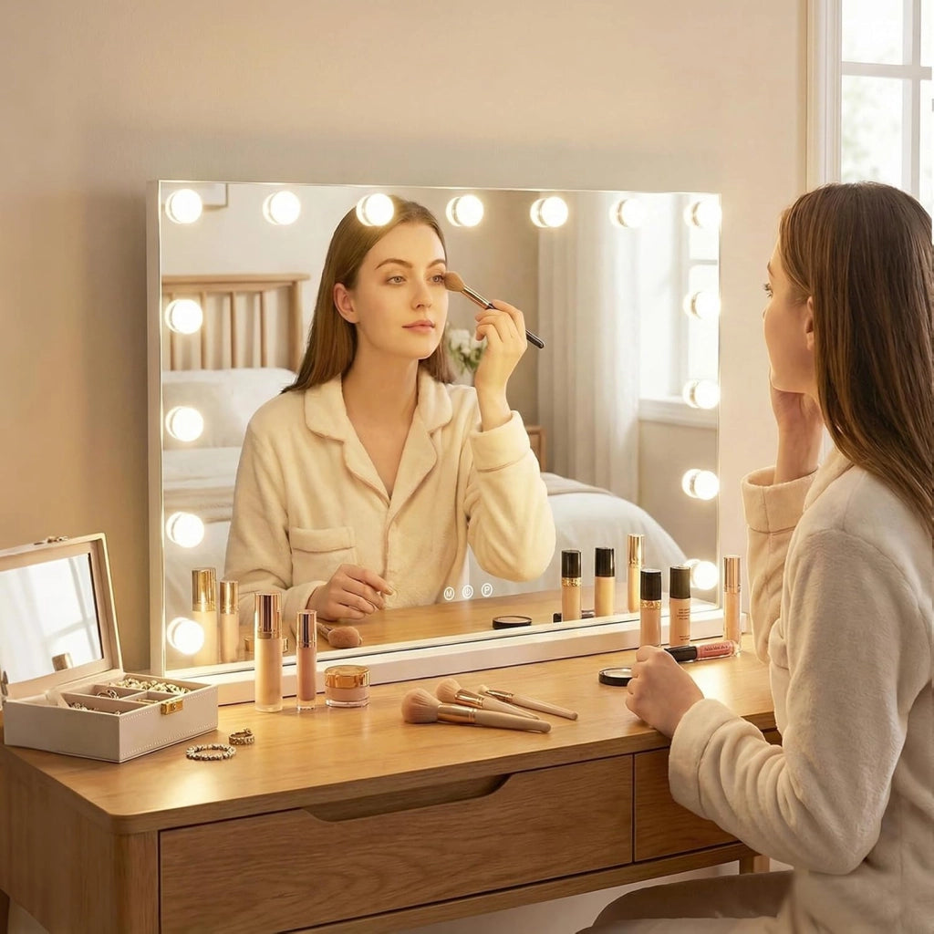 Specchio da Trucco Hollywood con Luci, 58x43cm, Specchio Illuminato da Tavolo con 3 Colori e Luminosità Regolabile, Controllo Tattile per Camera da Letto e Camerino