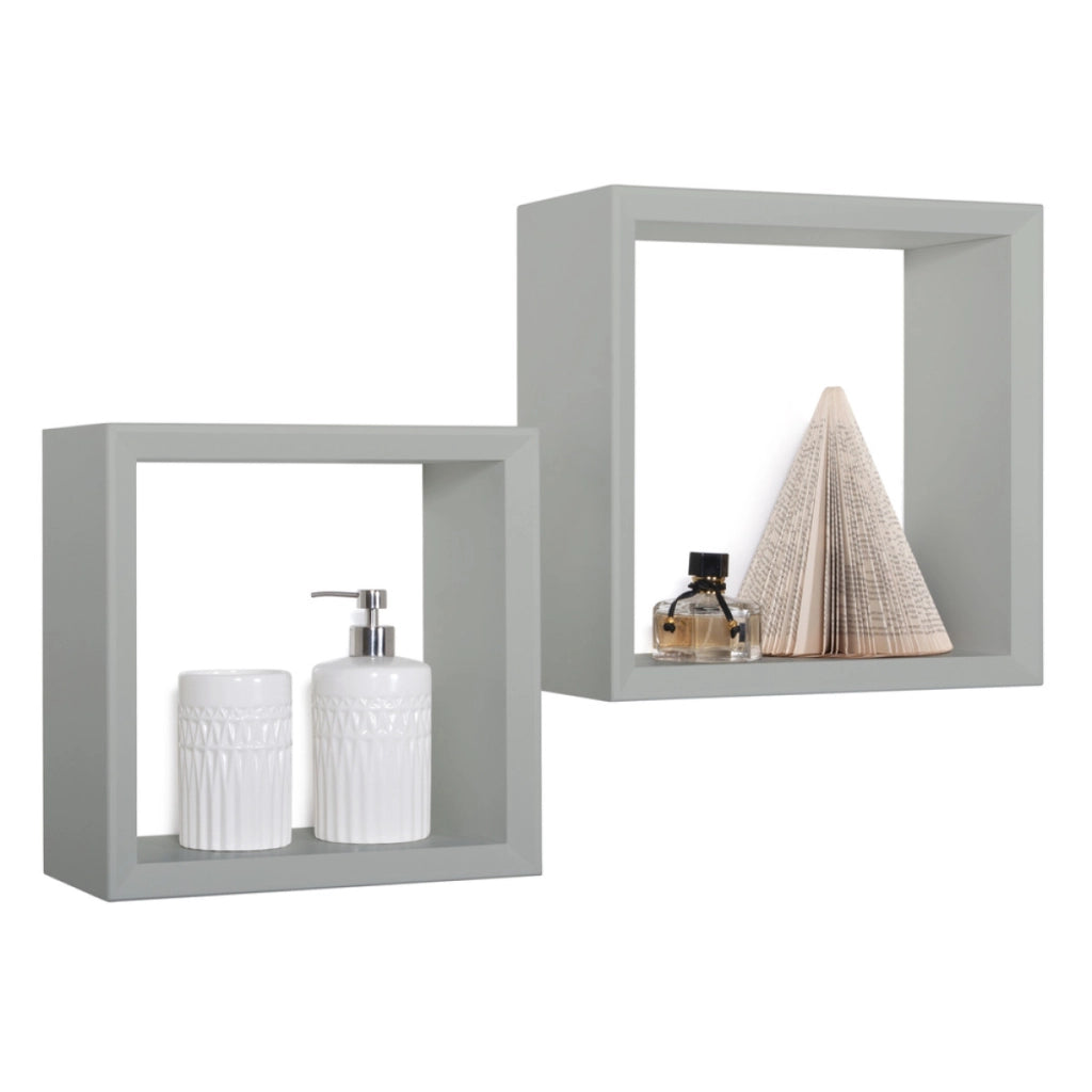 Set di 2 Mensole da Muro Modello GINEVRA, Cubi Arredo, Mensole Cubo, Cubi da Parete, Cubi Portaoggetti. Misure 35x35 p15.5 cm, e 30x30 p15.5 cm. Finitura GRIGIO SASSO - MADE IN ITALY