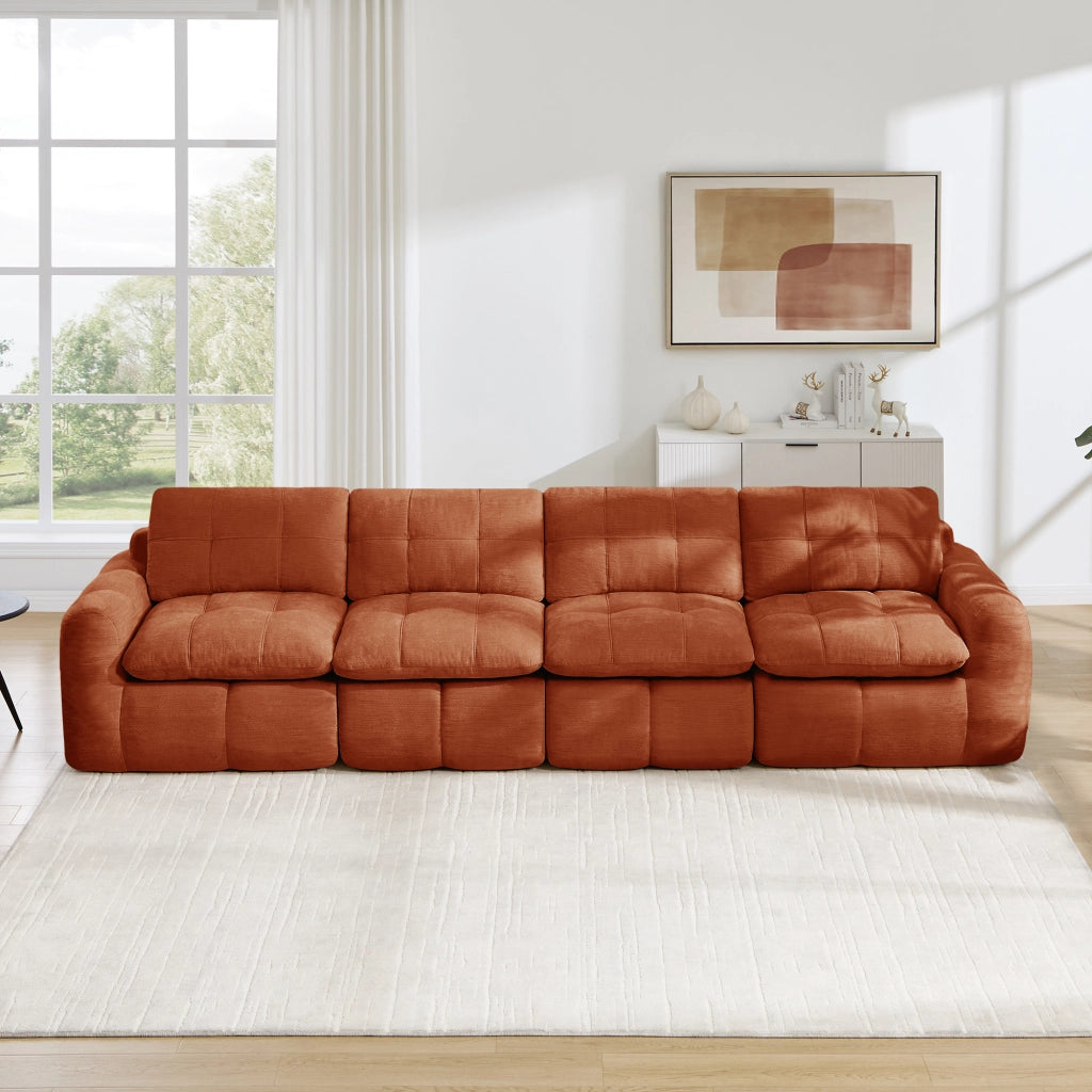 Divano modulare 4 posti in chenille con seduta ampia e profonda senza montaggio arancione 334 × 97 × 68 cm