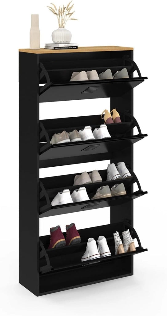 Scarpiera ESTER, capacità massima 24 paia, 4 ante in metallo nero e piano in legno dal design industriale