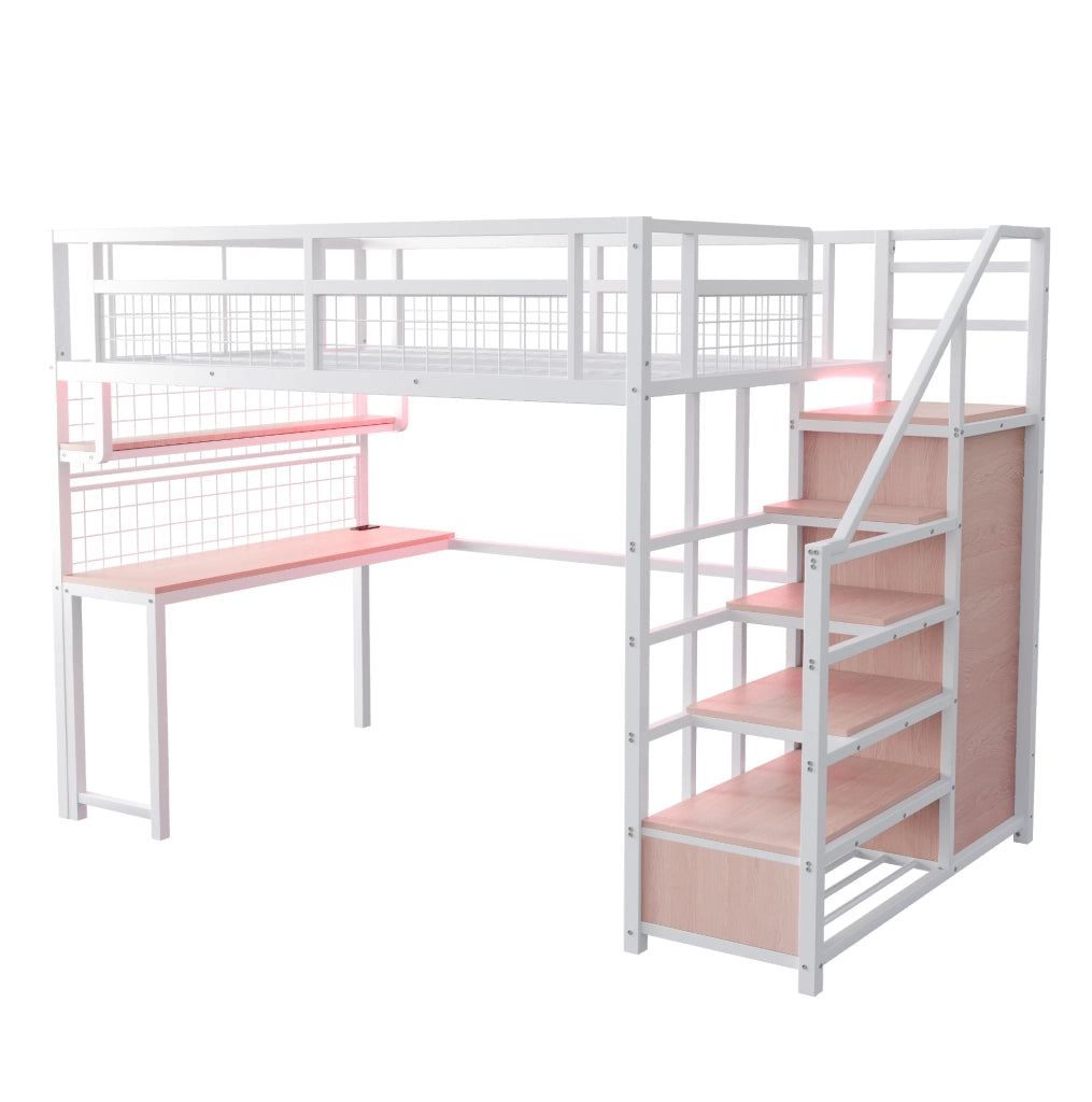 Letto a soppalco in metallo 140x200 cm bianco con scrivania; scaffale; scala contenitore e luce