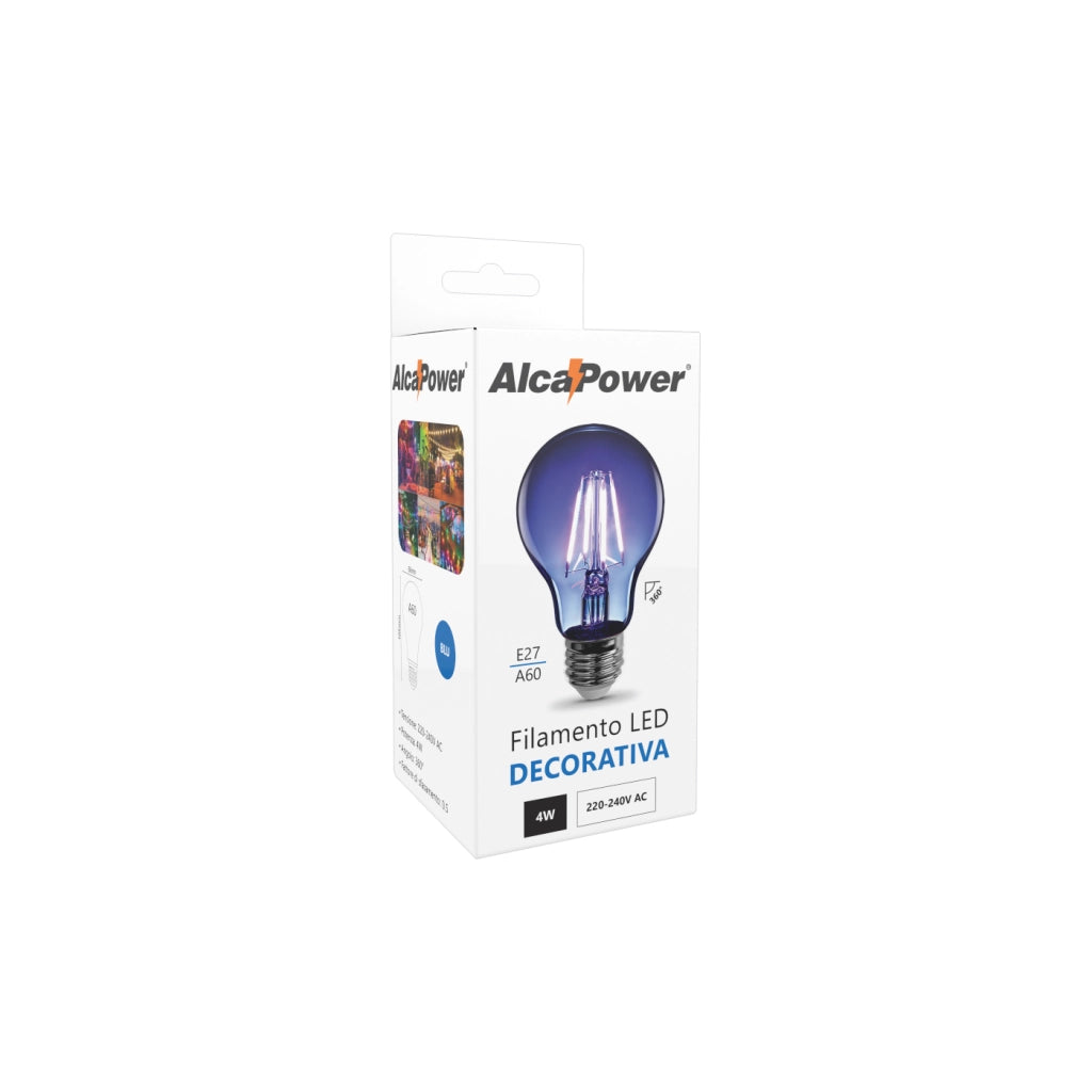 Alcapower Lampada LED a filamento classica 4W con emissione luce blu, attacco 230V, design decorativo a 360 gradi per atmosfere esclusive