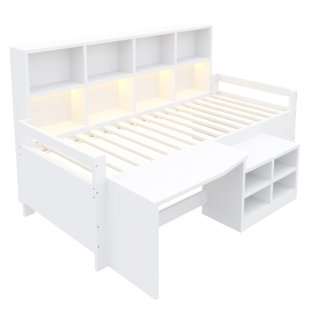 Letto a soppalco 90x200 cm con scrivania; vani portaoggetti e LED in legno bianco