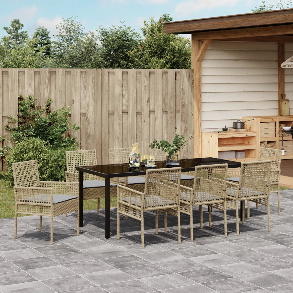 Set da pranzo da giardino da 9 pezzi con cuscini beige in polyrattan