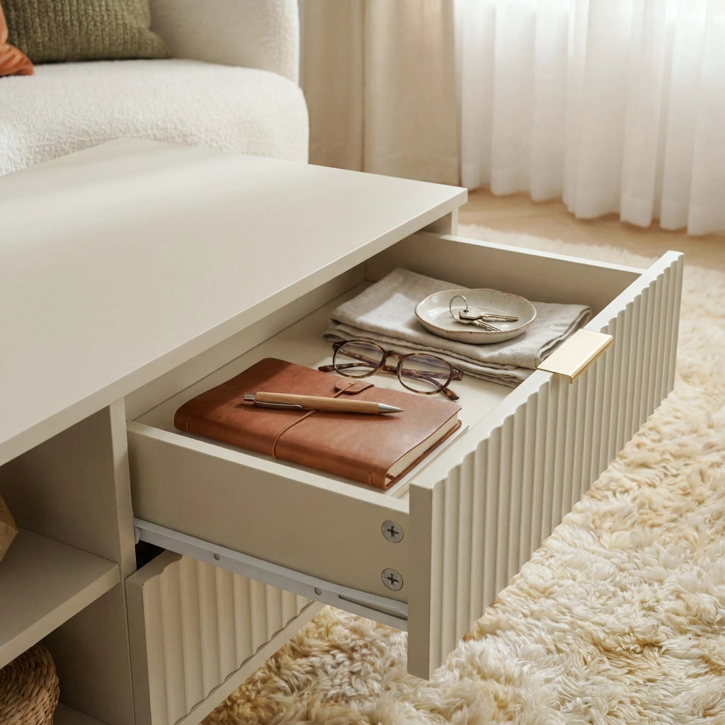 Tavolino da Salotto Nand con 2 Cassetti e 3 Scomparti Aperti 100 x 50 x 45 cm - Color Avena [en.casa]