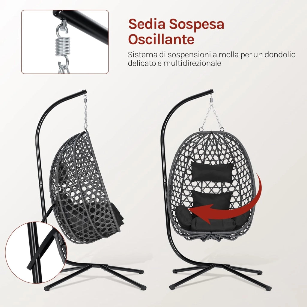 Poltrona Sospesa a Uovo, Sedia Sospesa con Supporto in Metallo, Cuscino e Poggiatesta, Altezza Regolabile, in Rattan PE, per Giardino, Terrazza, 102x100x196 cm, Nero