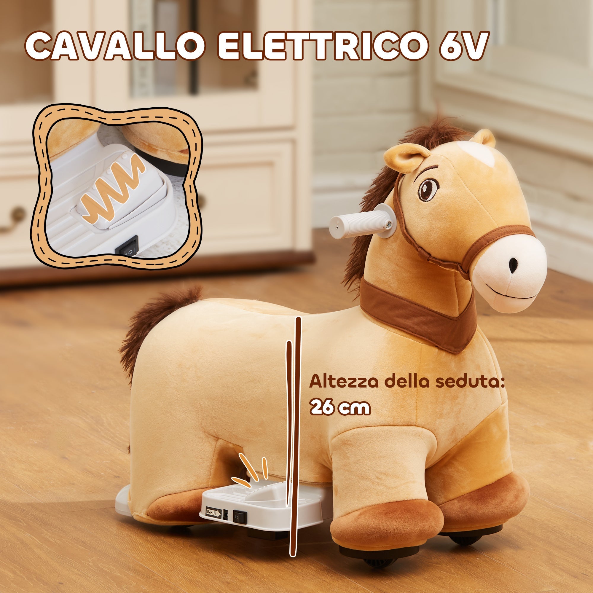 Cavallo Cavalcabile Elettrico 6V per Bambini con Ruote in PU e Musica Marrone