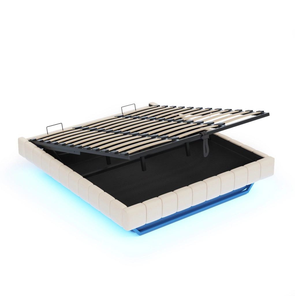 Letto matrimoniale sospeso imbottito 180x200 cm con contenitore; LED; beige in lino