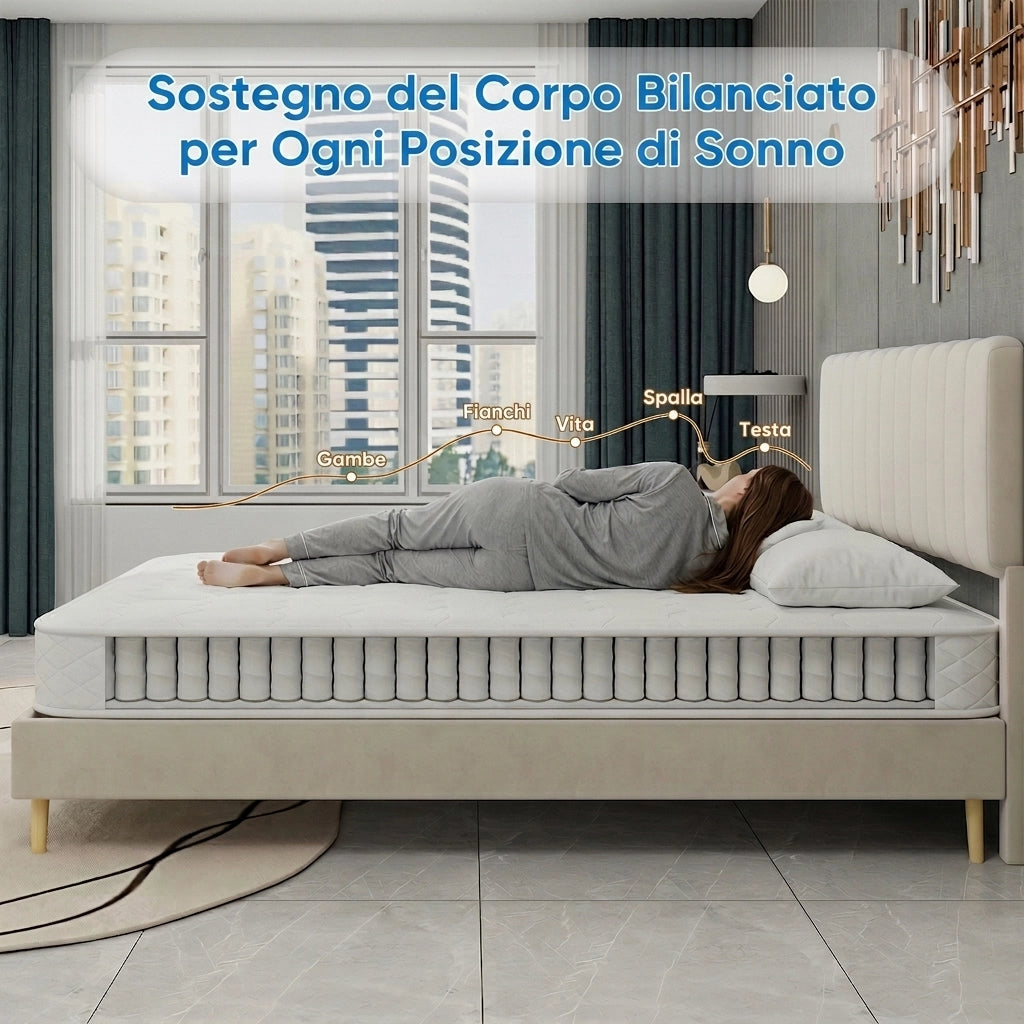 Materasso 140x200 molle insacchettate; spessore 23cm; supporto schiena; memory foam; bianco