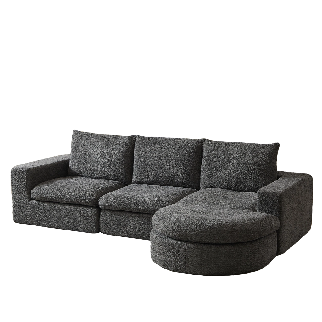 Divano angolare modulare in ciniglia con chaise longue reversibile e supporto in ferro, cuscini cervicali grigio