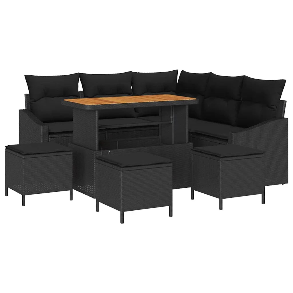 Set Divano da Giardino con cuscino 9 pcs Nero Poly Rattan