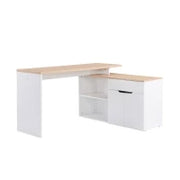 Scrivania Angolare con Libreria a 2 Ripiani, Armadietto e Cassetto, 140x117x76 cm, color Legno e Bianco