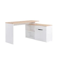 Scrivania Angolare con Libreria a 2 Ripiani, Armadietto e Cassetto, 140x117x76 cm, color Legno e Bianco
