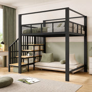Letto a soppalco alto in metallo 140x200 cm con scala contenitore, baldacchino e rete di sicurezza, nero