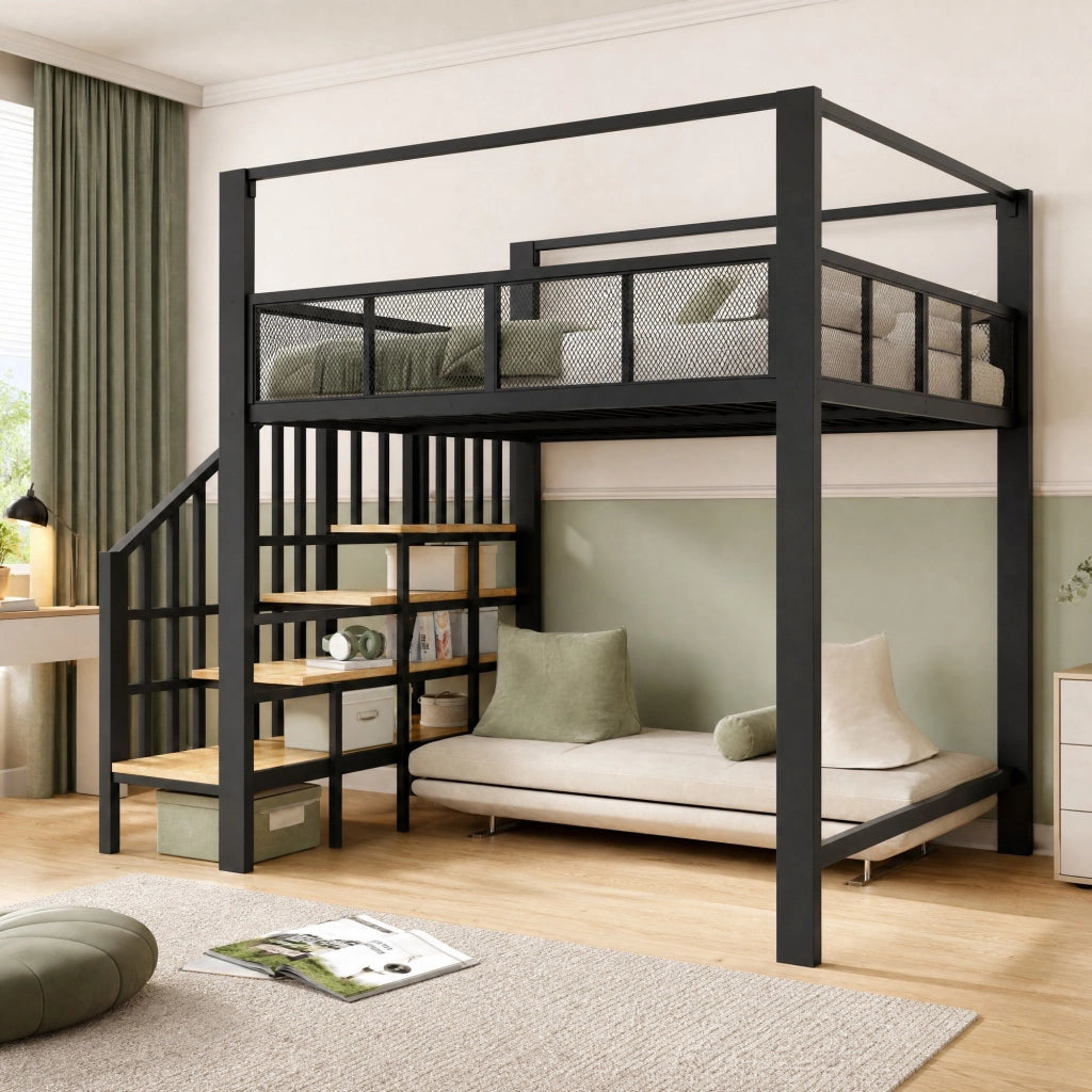 Letto a soppalco alto in metallo 140x200 cm con scala contenitore, baldacchino e rete di sicurezza, nero