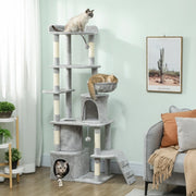 Albero tiragraffi per gatti 170 cm con tunnel, cucce, amaca e base ampia, grigio chiaro