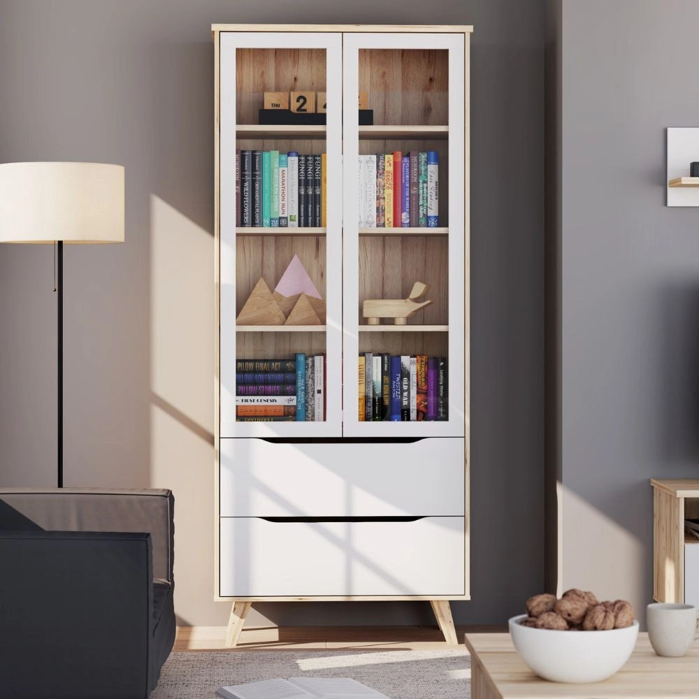Vetrina Axis 2 Ante in Vetro e 2 Cassetti Rovere e Bianco – Eleganza Moderna e Massima Luminosità