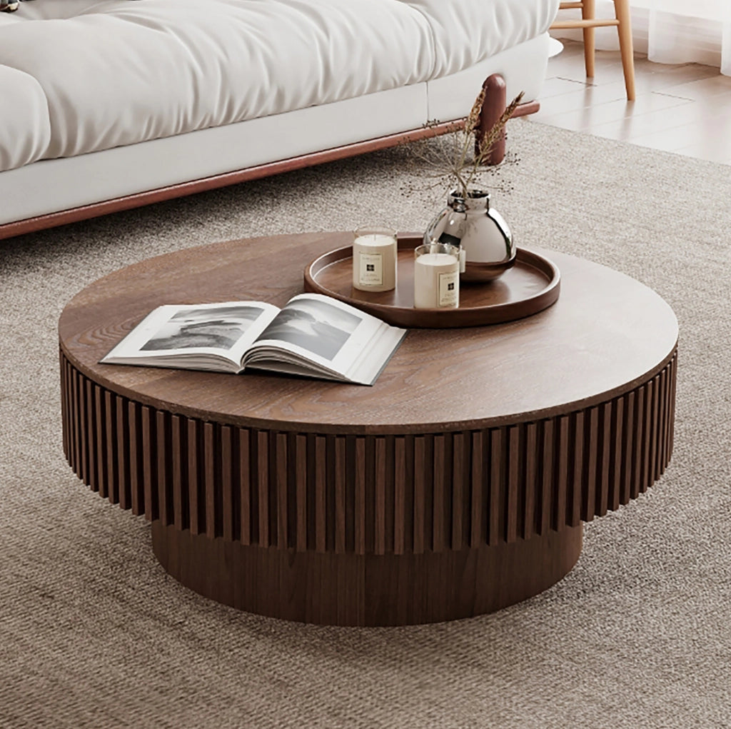 Tavolino da caffè rotondo con contenitore; design a fungo scanalato in legno e MDF; noce