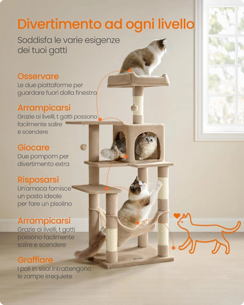 Feandrea Albero per Gatti Alto 143 cm, Tiragraffi per Gatti, con 4 Pali Graffiatoi, 2 Posatoi, 1 Grotta, 1 Amaca, 2 Pompon, in Peluche a Più Livelli, Marrone Cammello PCT161K01
