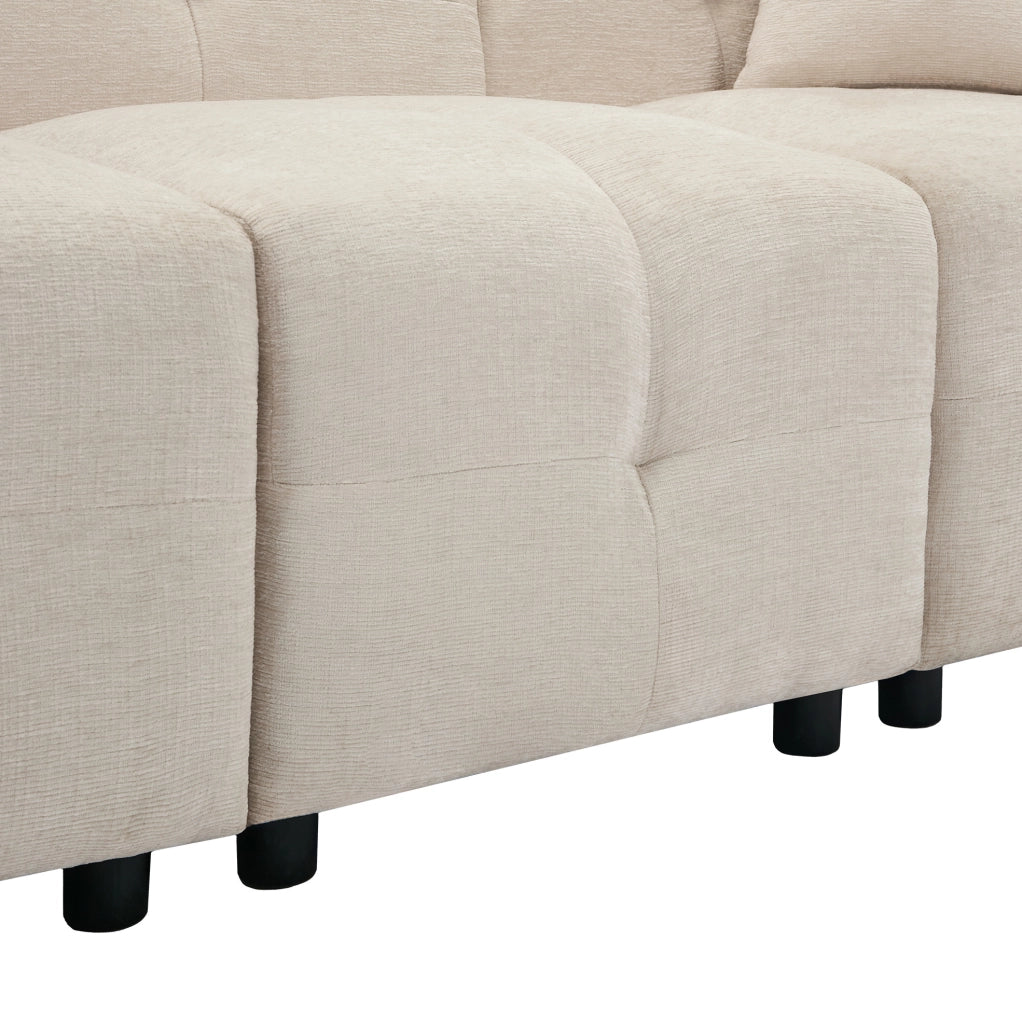 Divano modulare 3 posti in ciniglia beige con pouf contenitore e 2 cuscini HOMVRA