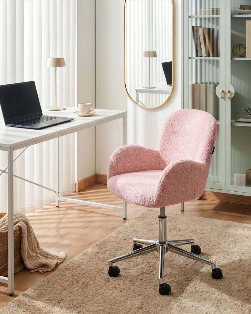 Sedia da ufficio girevole con altezza regolabile in tessuto boucle rosa pastello stile moderno retrò ufficio di casa