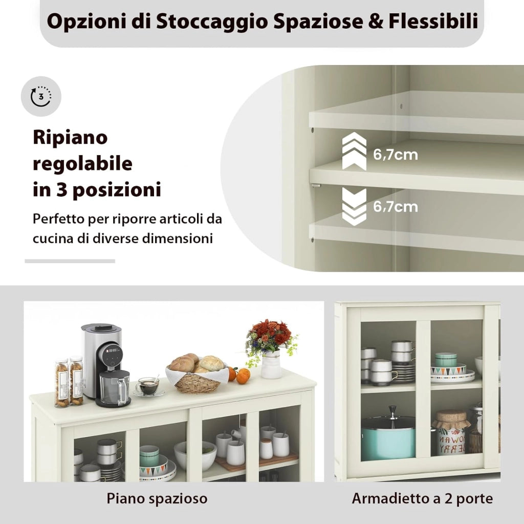 Armadietto da Cucina Mobile Laterale Multiuso con Ante Scorrevoli, in Legno e Vetro, 106,5 x 33 x 62,5 cm (Bianco Crema)