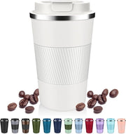 Tazza isolata per caffè e tè con coperchio scorrevole, 340 ml, tazza di acciaio inossidabile impermeabile, tazza riciclabile con isolamento a vuoto, mantiene caffè e tè caldo o freddo - bianca