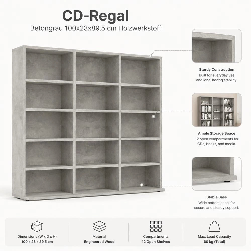 CD Rack, Concrete Grey, 100x23x89.5 Cm, Wood-based Material