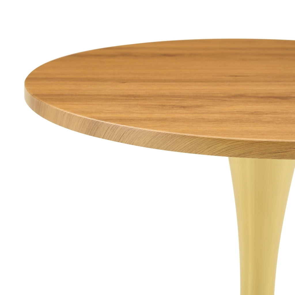 Tavolo rotondo da pranzo per 2 persone con base in metallo dorato e piano effetto legno, per soggiorno, 60 cm