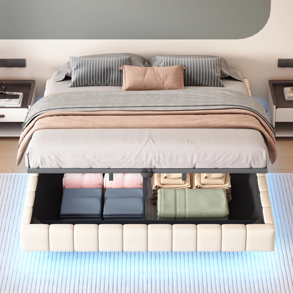 OKWISH Letto Contenitore 180×200 cm, Letto Matrimoniale con LED Regolabile e Sollevamento Idraulico, senza Materasso, in Tessuto, Beige