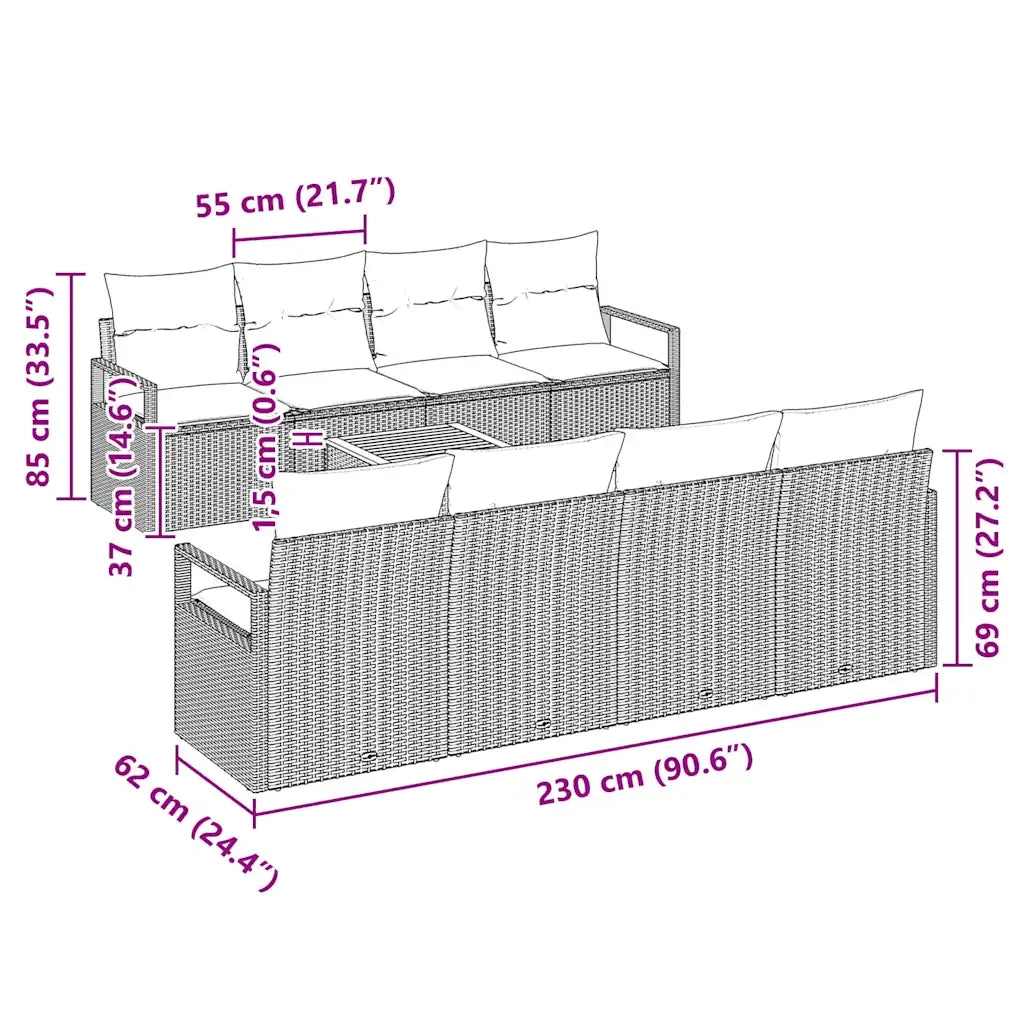 Set Divano da Giardino con cuscino 9 pcs Beige polyrattan 3347680
