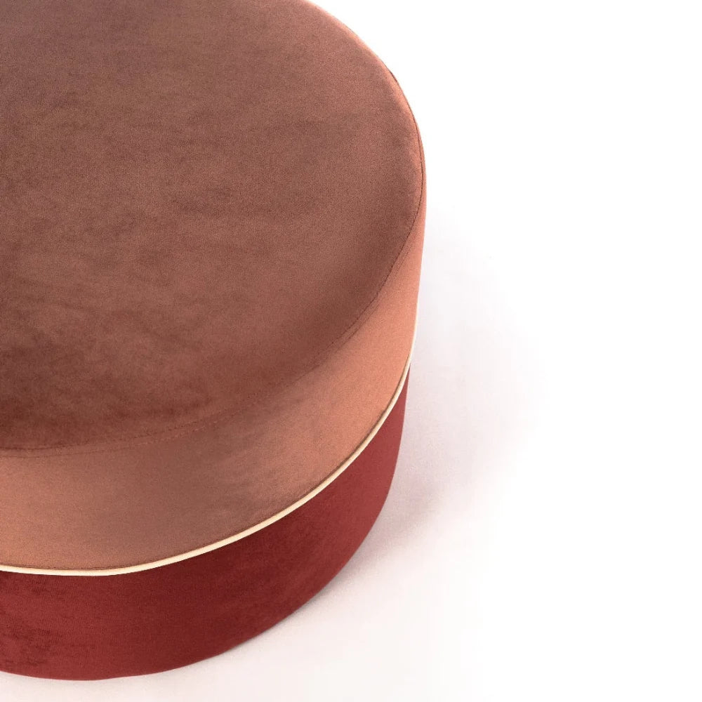 Pouf rotondo in velluto bicolore Zoe rosa antico e bordeaux imbottito design moderno | Duzzle